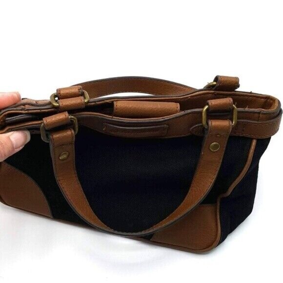 John Romaine Canvas Handbag Black Tan Zip Magnetic Closure Vegan Leather Vintage - Picture 4 of 8